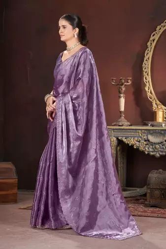 Purple silk embroidered sequins work heavy look ethnic saree with blouse
