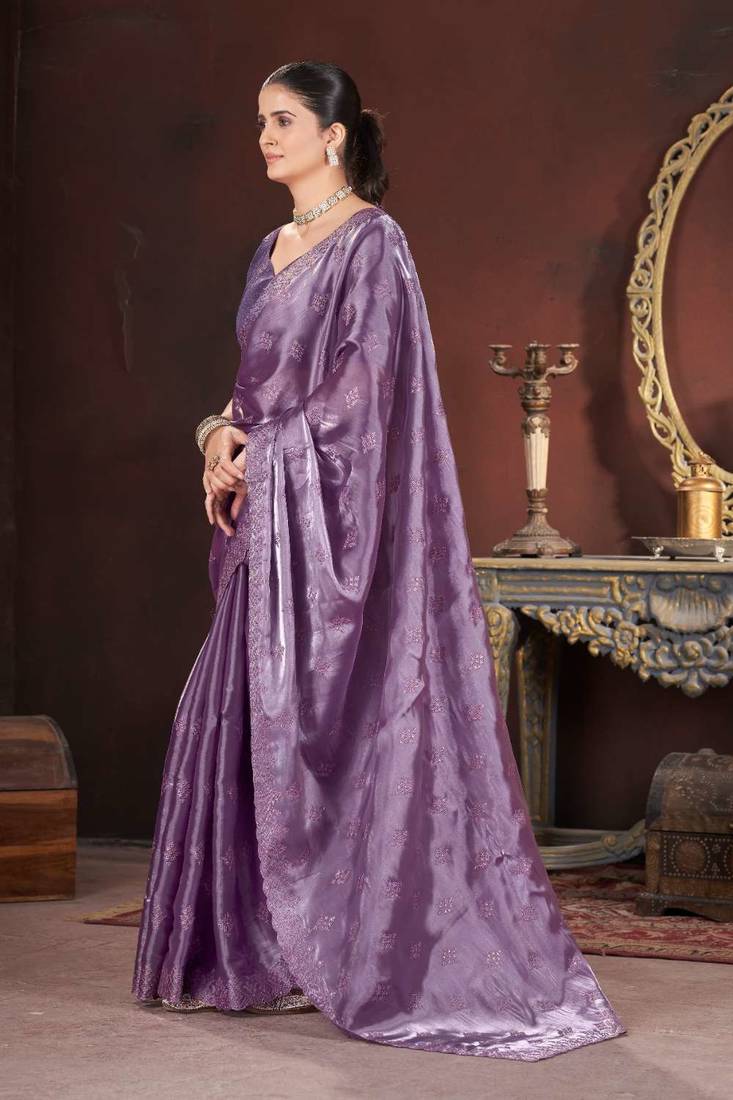 Purple silk embroidered sequins work heavy look ethnic saree with blouse
