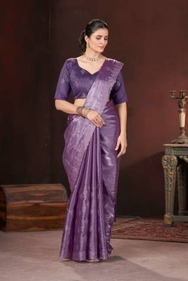 Purple silk embroidered sequins work heavy look ethnic saree with blouse 4