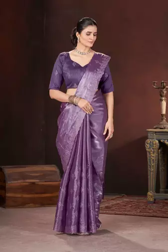 Purple silk embroidered sequins work heavy look ethnic saree with blouse