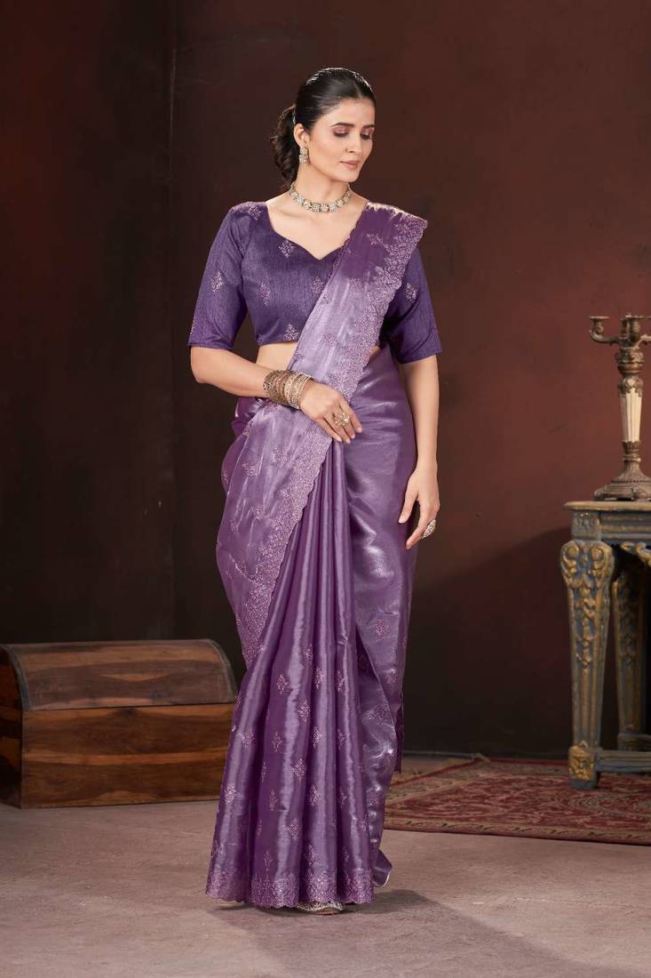 Purple silk embroidered sequins work heavy look ethnic saree with blouse