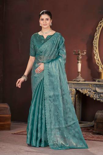 Green silk embroidered sequins work heavy look ethnic saree with blouse