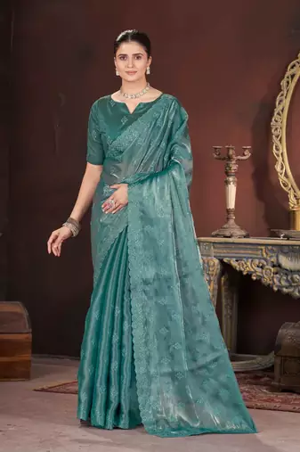 Green silk embroidered sequins work heavy look ethnic saree with blouse