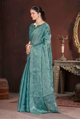 Green silk embroidered sequins work heavy look ethnic saree with blouse 3