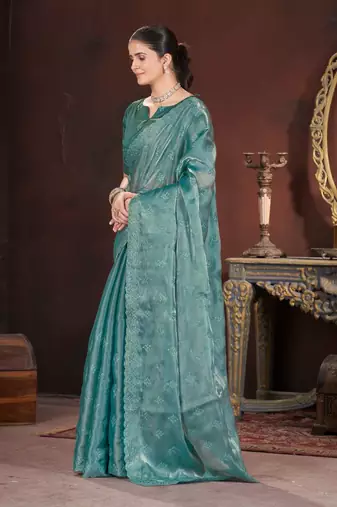 Green silk embroidered sequins work heavy look ethnic saree with blouse