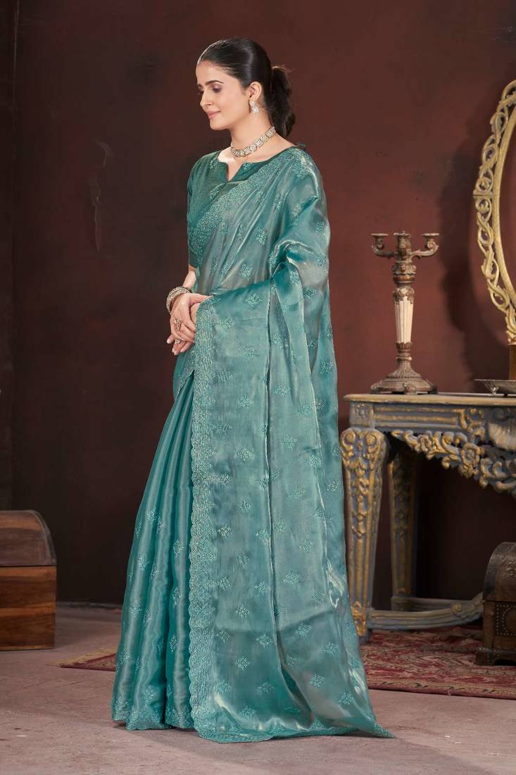 Green silk embroidered sequins work heavy look ethnic saree with blouse