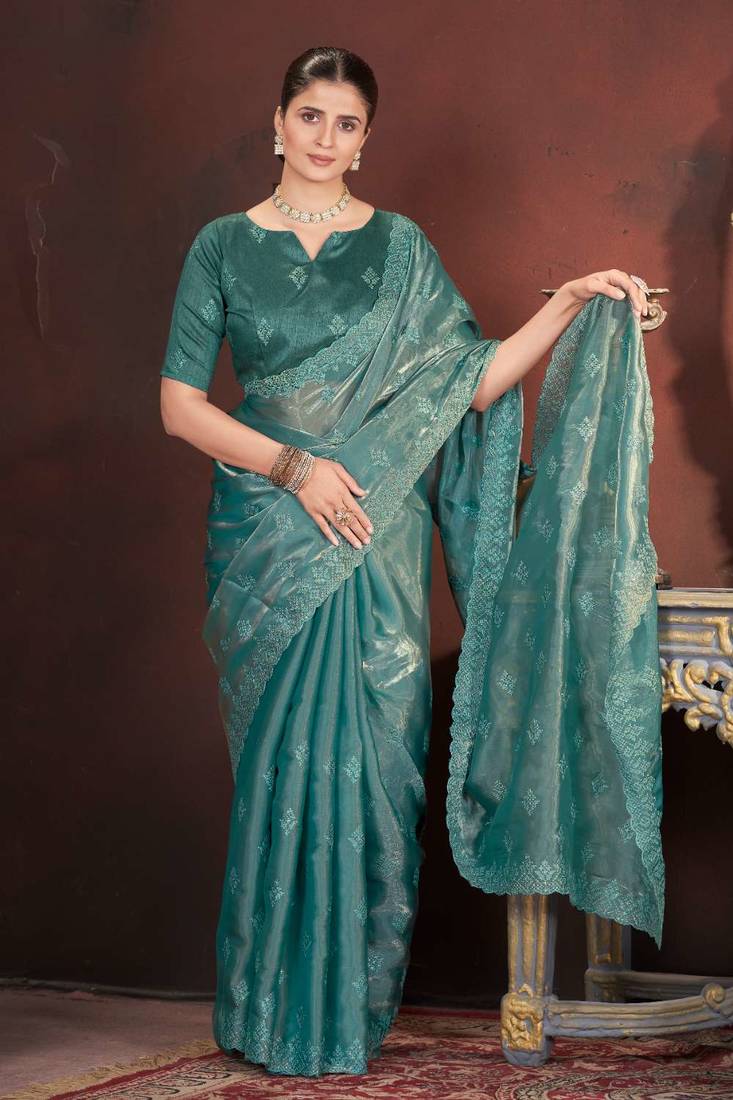 Green silk embroidered sequins work heavy look ethnic saree with blouse