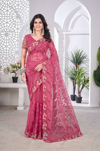 Pink net embroidered thread work heavy look ethnic saree with blouse