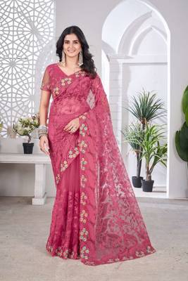 Pink net embroidered thread work heavy look ethnic saree with blouse 1