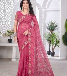 Pink net embroidered thread work heavy look ethnic saree with blouse
