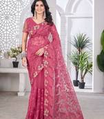 Pink net embroidered thread work heavy look ethnic saree with blouse