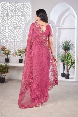 Pink net embroidered thread work heavy look ethnic saree with blouse 2