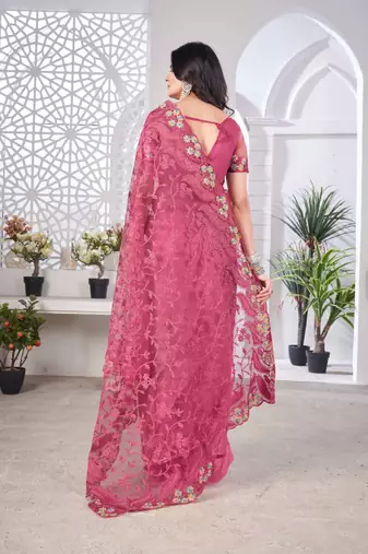 Pink net embroidered thread work heavy look ethnic saree with blouse
