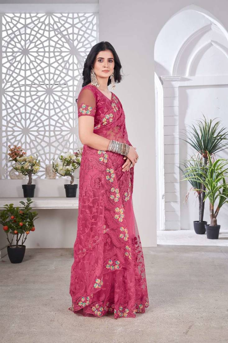 Pink net embroidered thread work heavy look ethnic saree with blouse