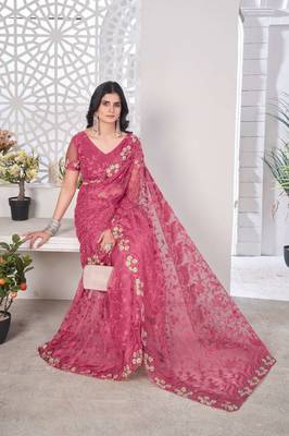 Pink net embroidered thread work heavy look ethnic saree with blouse 4