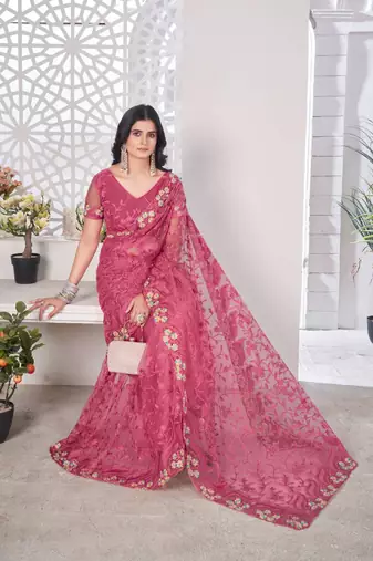 Pink net embroidered thread work heavy look ethnic saree with blouse