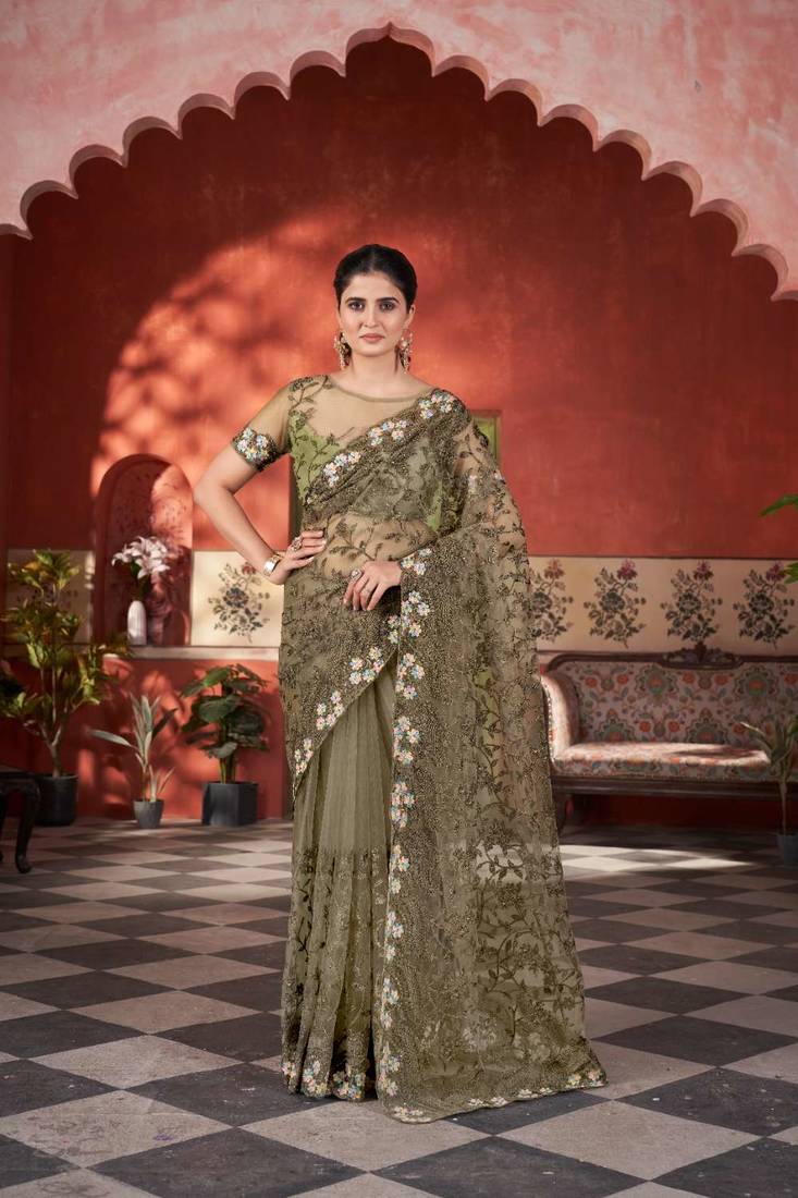 Mehendi net embroidered thread work heavy look ethnic saree with blouse