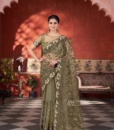 Mehendi net embroidered thread work heavy look ethnic saree with blouse