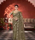 Mehendi net embroidered thread work heavy look ethnic saree with blouse