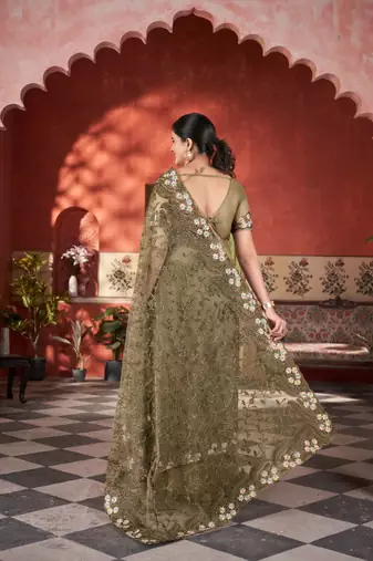 Mehendi net embroidered thread work heavy look ethnic saree with blouse