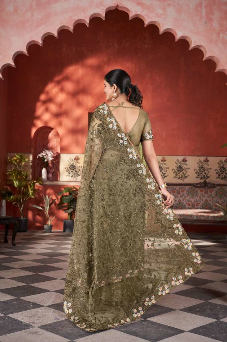 Mehendi net embroidered thread work heavy look ethnic saree with blouse