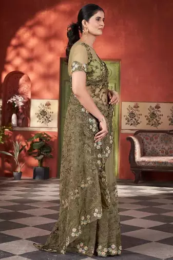 Mehendi net embroidered thread work heavy look ethnic saree with blouse