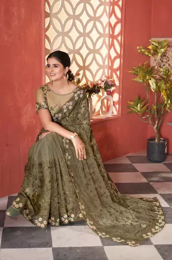 Mehendi net embroidered thread work heavy look ethnic saree with blouse