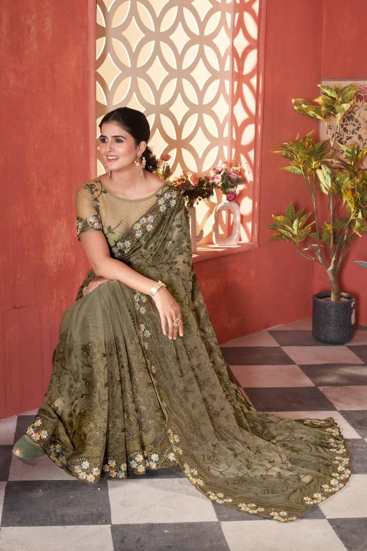 Mehendi net embroidered thread work heavy look ethnic saree with blouse