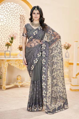 Grey net embroidered thread work heavy look ethnic saree with blouse