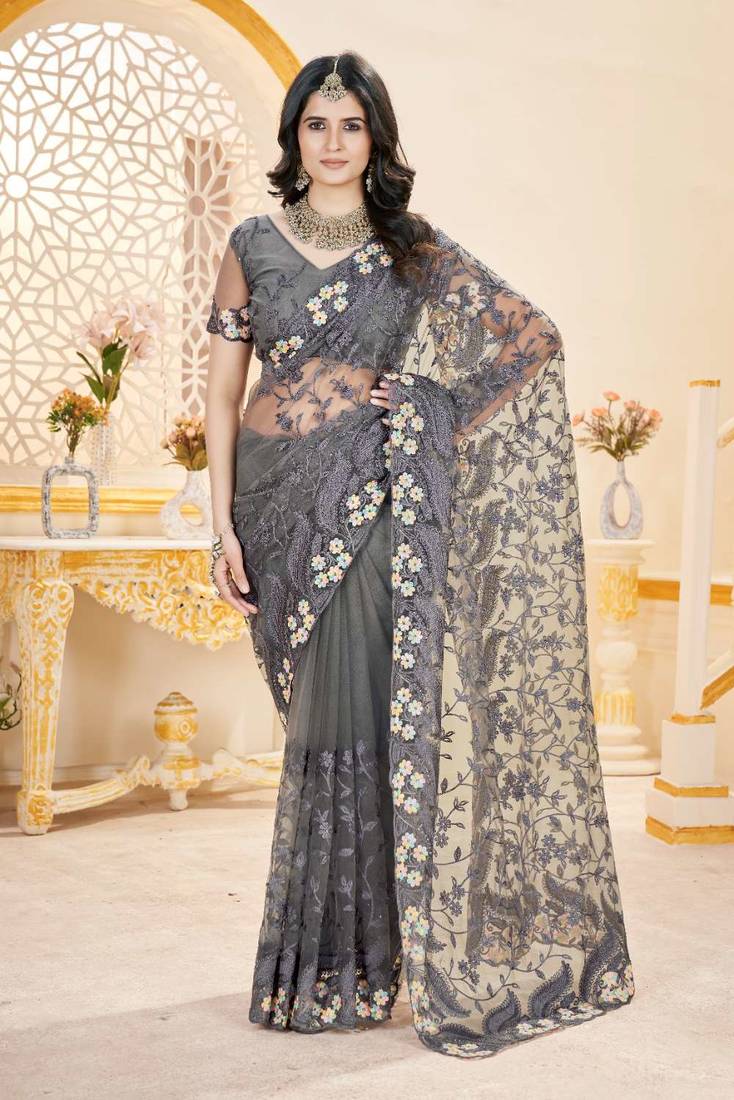 Grey net embroidered thread work heavy look ethnic saree with blouse