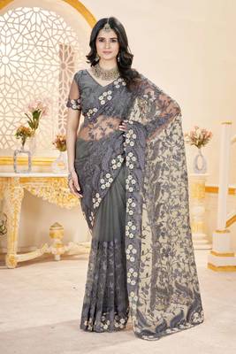 Grey net embroidered thread work heavy look ethnic saree with blouse 1
