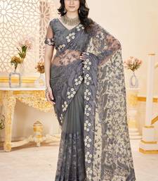 Grey net embroidered thread work heavy look ethnic saree with blouse