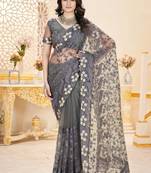 Grey net embroidered thread work heavy look ethnic saree with blouse
