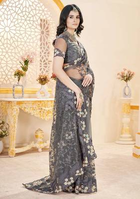 Grey net embroidered thread work heavy look ethnic saree with blouse 3
