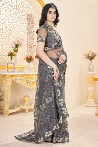 Grey net embroidered thread work heavy look ethnic saree with blouse