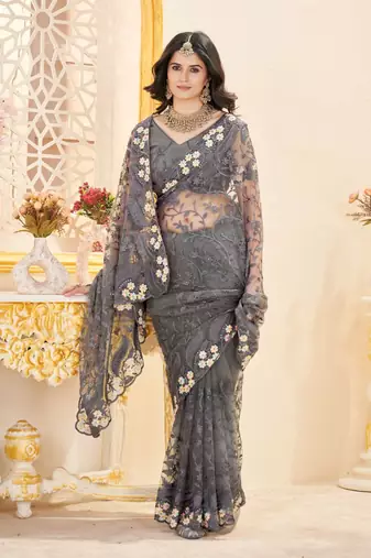 Grey net embroidered thread work heavy look ethnic saree with blouse