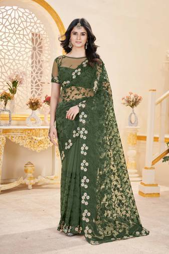 Green net embroidered thread work heavy look ethnic saree with blouse