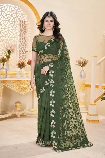 Green net embroidered thread work heavy look ethnic saree with blouse