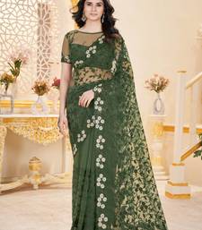 Green net embroidered thread work heavy look ethnic saree with blouse
