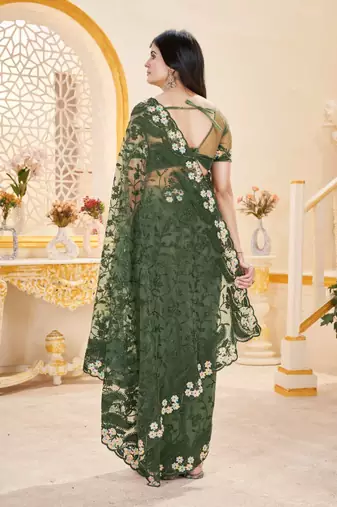 Green net embroidered thread work heavy look ethnic saree with blouse