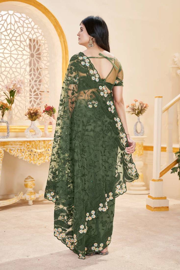 Green net embroidered thread work heavy look ethnic saree with blouse