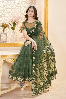 Green net embroidered thread work heavy look ethnic saree with blouse 4