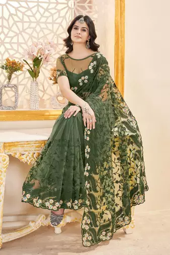 Green net embroidered thread work heavy look ethnic saree with blouse