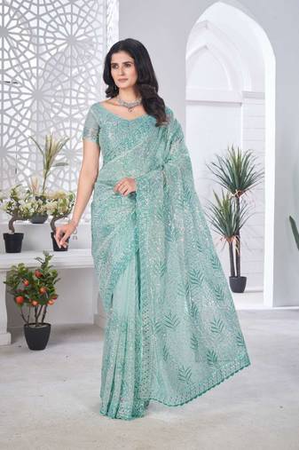Teal net embroidered thread work heavy look ethnic saree with blouse
