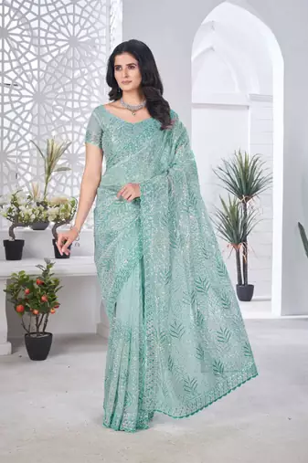 Teal net embroidered thread work heavy look ethnic saree with blouse