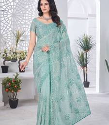 Teal net embroidered thread work heavy look ethnic saree with blouse