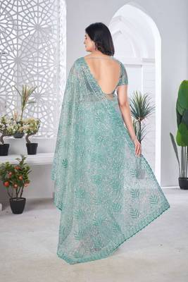 Teal net embroidered thread work heavy look ethnic saree with blouse 2