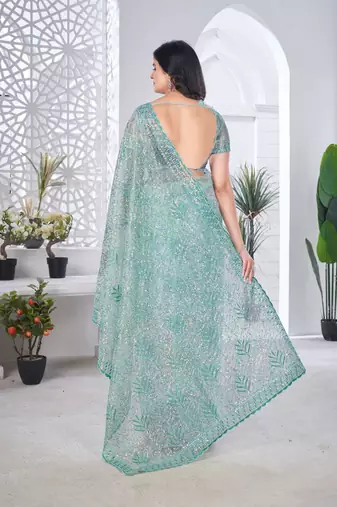 Teal net embroidered thread work heavy look ethnic saree with blouse