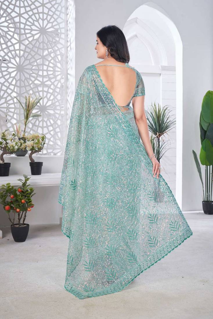 Teal net embroidered thread work heavy look ethnic saree with blouse