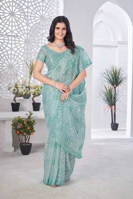 Teal net embroidered thread work heavy look ethnic saree with blouse 4